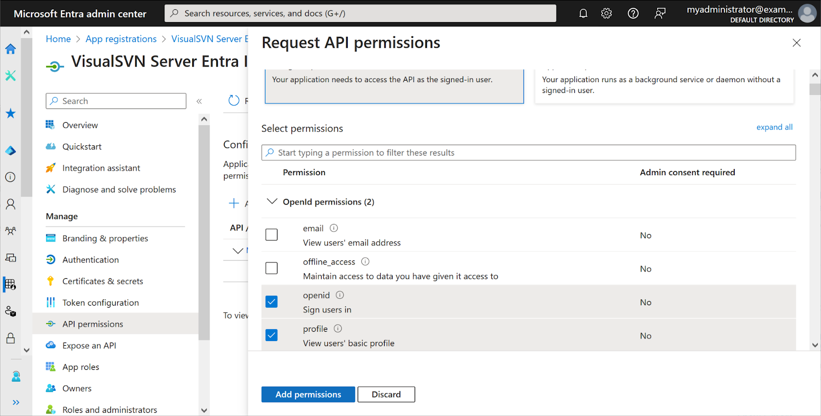 Add 'openid' and 'profile' permissions