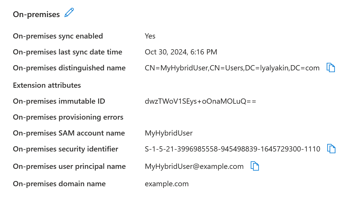 'On-premises' section of the hybrid account's properties